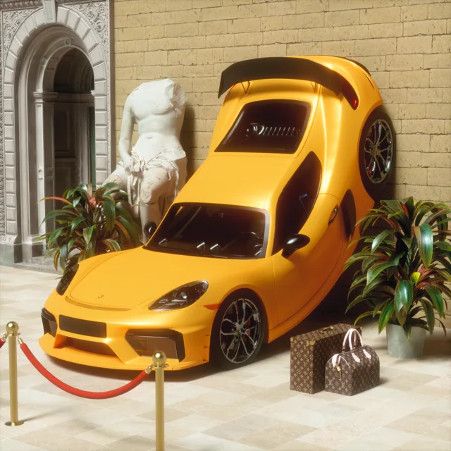Yellow Porsche folded into a surreal curve inside a classical courtyard