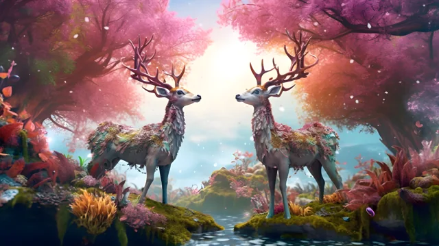 Two deer in a luminous pink and green forest