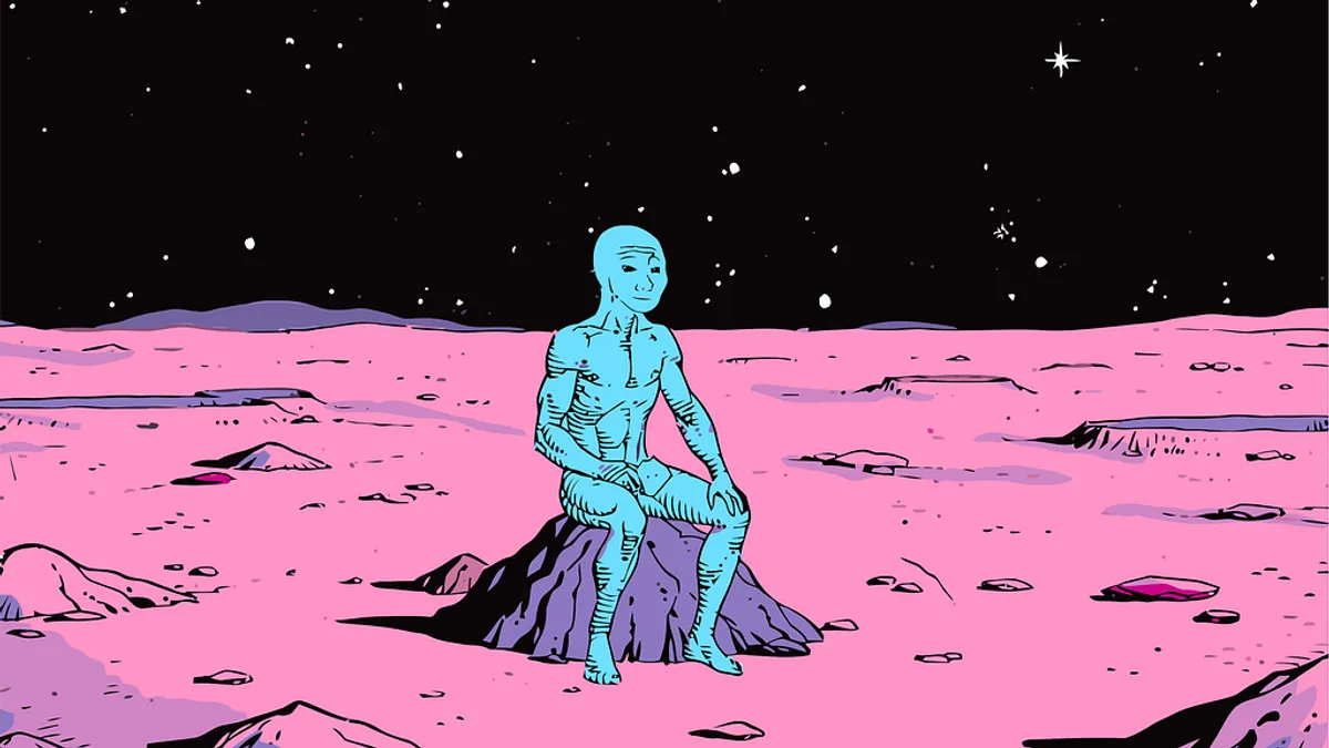 Blue figure sitting on a pink lunar landscape, the original self-custody article cover